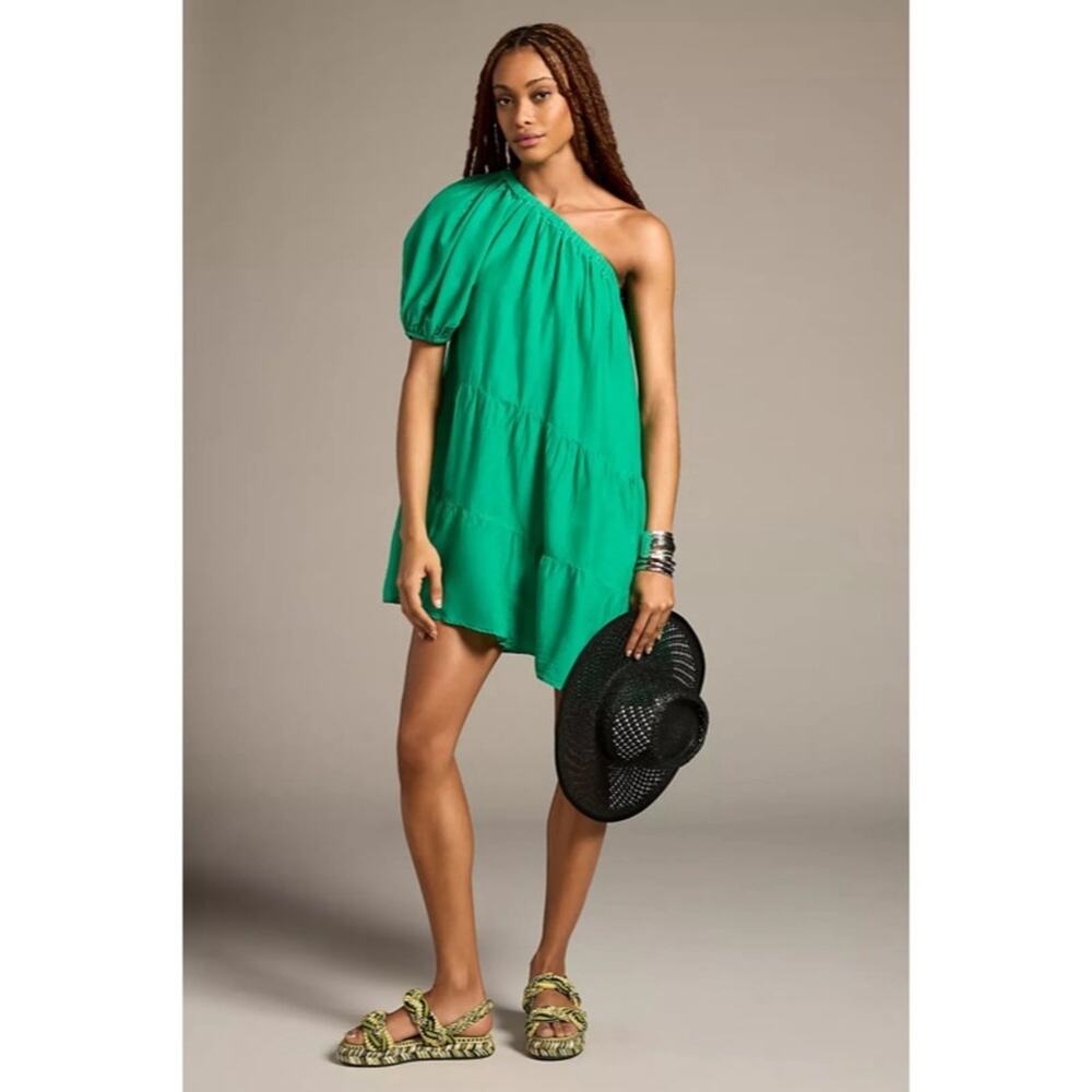 Anthropologie Green One-Shoulder Mini Dress